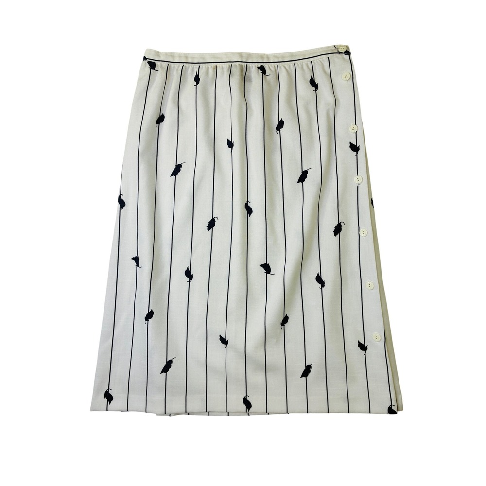 Vintage OUI PETITES White Black Striped Leaf Print Side Button Midi Skirt A-Line